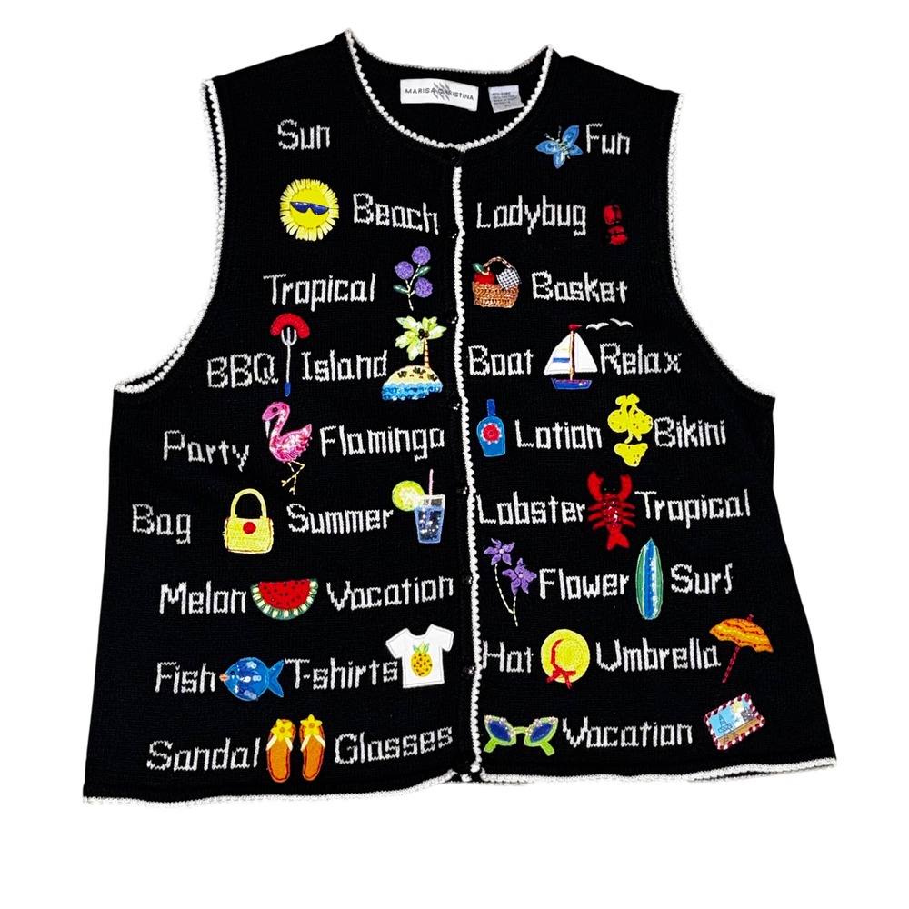Vintage Marisa Christina Women's Black Summer Vacation Knit Vest XL Emojis Relax